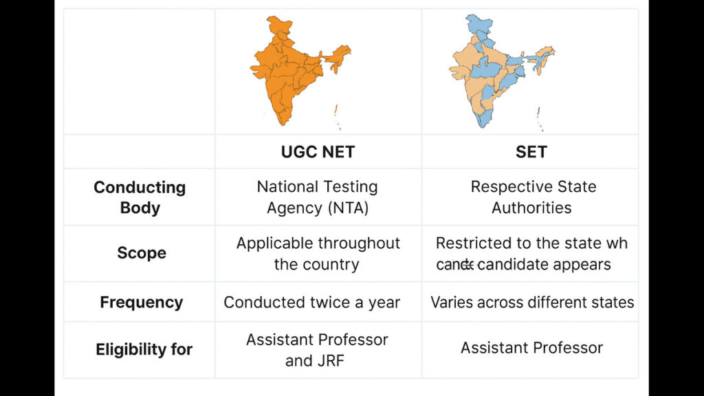 UGC NET vs SET Comparison Chart with State Boundaries Comparison chart of UGC NET vs SET with Indian states highlighted