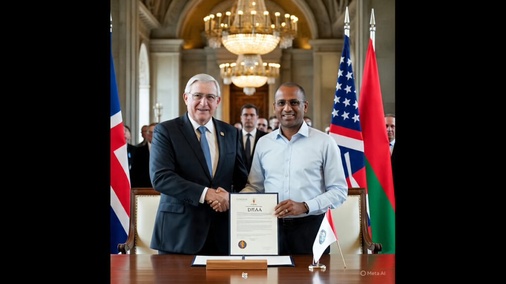 DTAA Treaty Signing Two countries shaking hands over a signed treaty document labeled "DTAA Agreement"