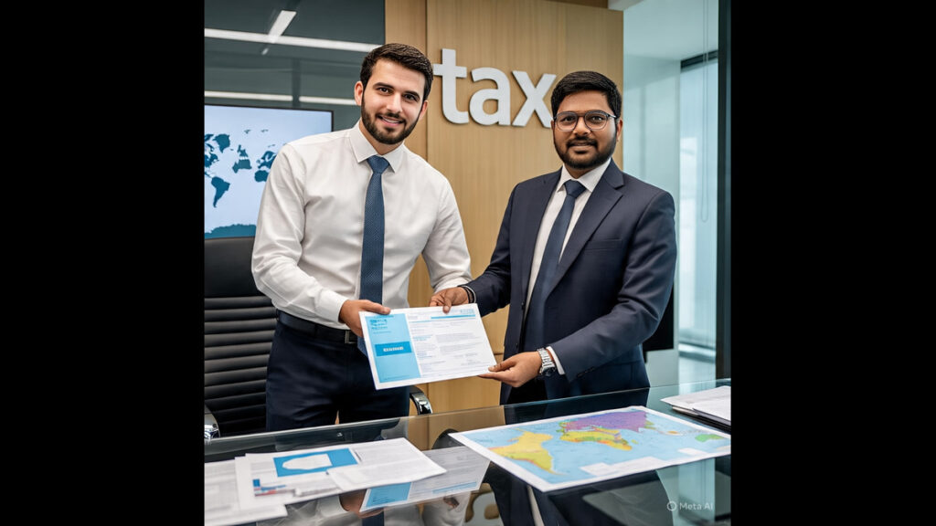 Equal Tax Responsibility Two individuals, one local and one foreign, handing over taxes equally