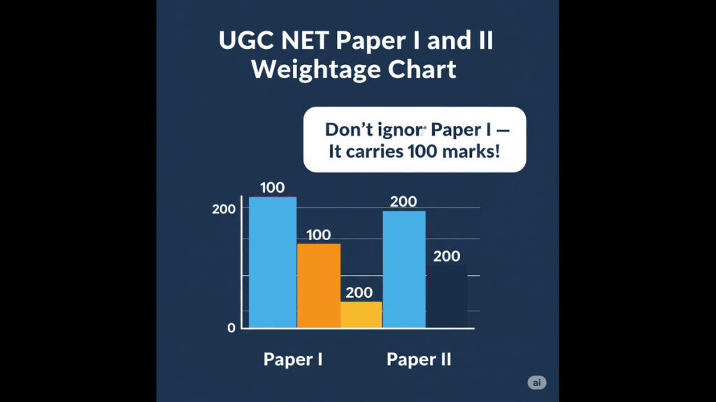 UGC NET Paper I and II Weightage Chart Bar chart showing Paper I is 100 marks, Paper II is 200 marks