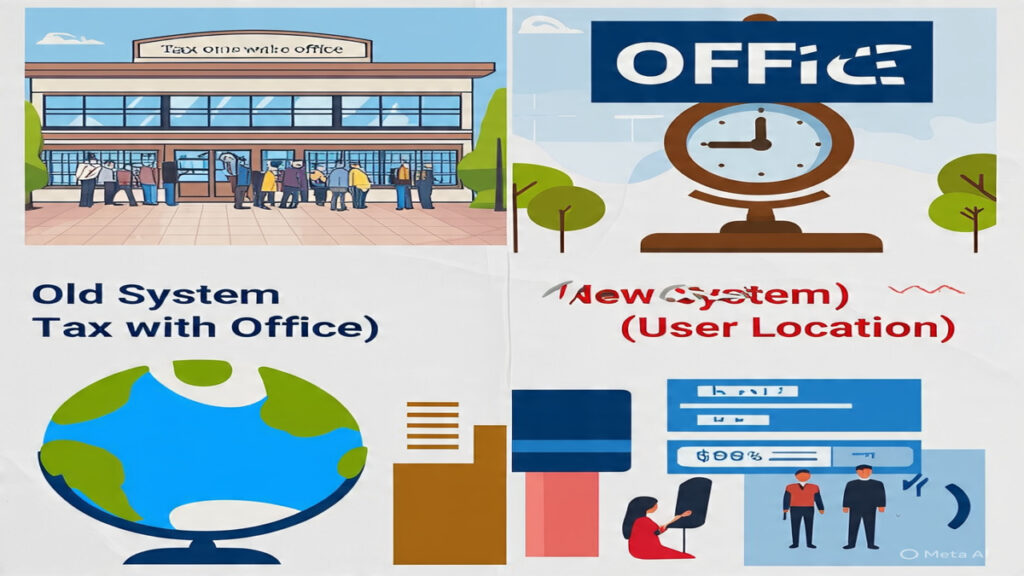 Old vs New Tax System Office vs User Location Comparison of old tax system based on company office and new digital tax system based on user location.