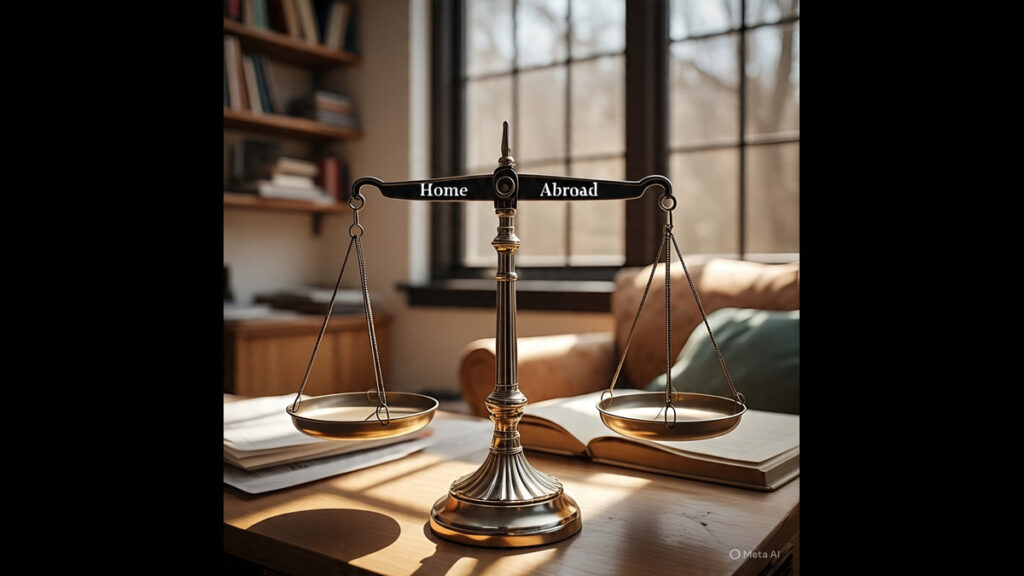 Tax Balance Home vs Abroad Balanced scales labeled "Home" and "Abroad"