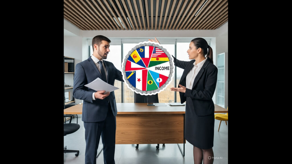 Tax Dispute on Shared Income Two tax officers arguing over a pie labeled "Same Income" with country flags