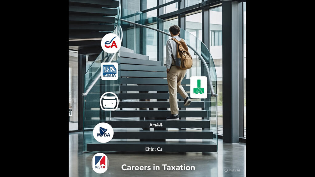 Taxation Career Path Student climbing a staircase labeled "Careers in Taxation" with icons of CA, CS, MBA, NET