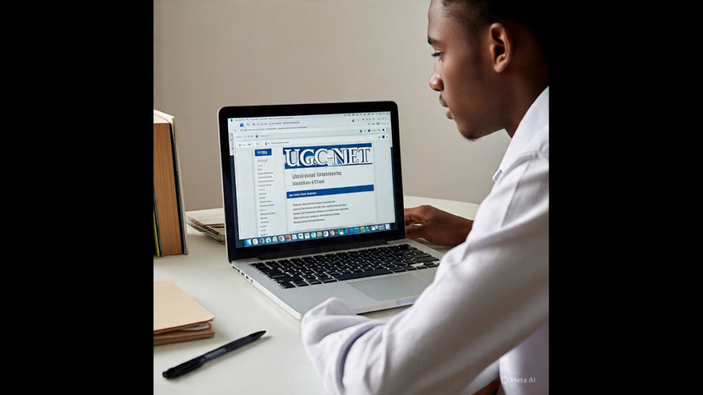 Student checking UGC NET Commerce eligibility 2025 on laptop with NTA website showing marks criteria, age limits, and subject options