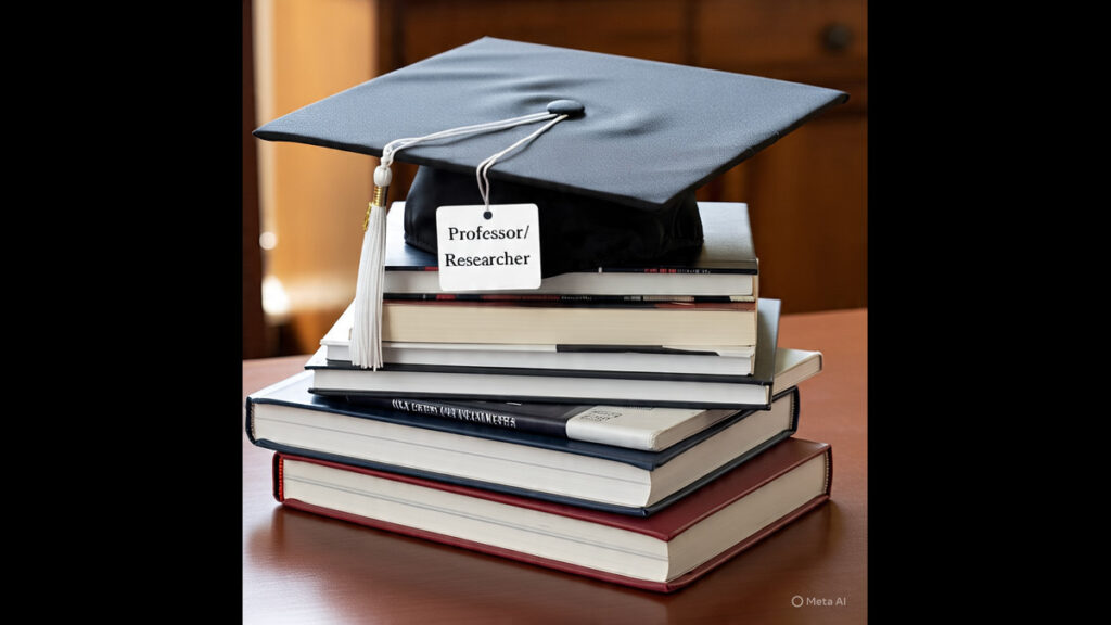 Graduation cap on commerce textbooks with Professor and Researcher tags