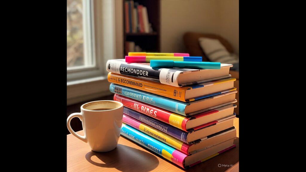 Stack of UGC NET Commerce bookswith highlighters and coffee mug
