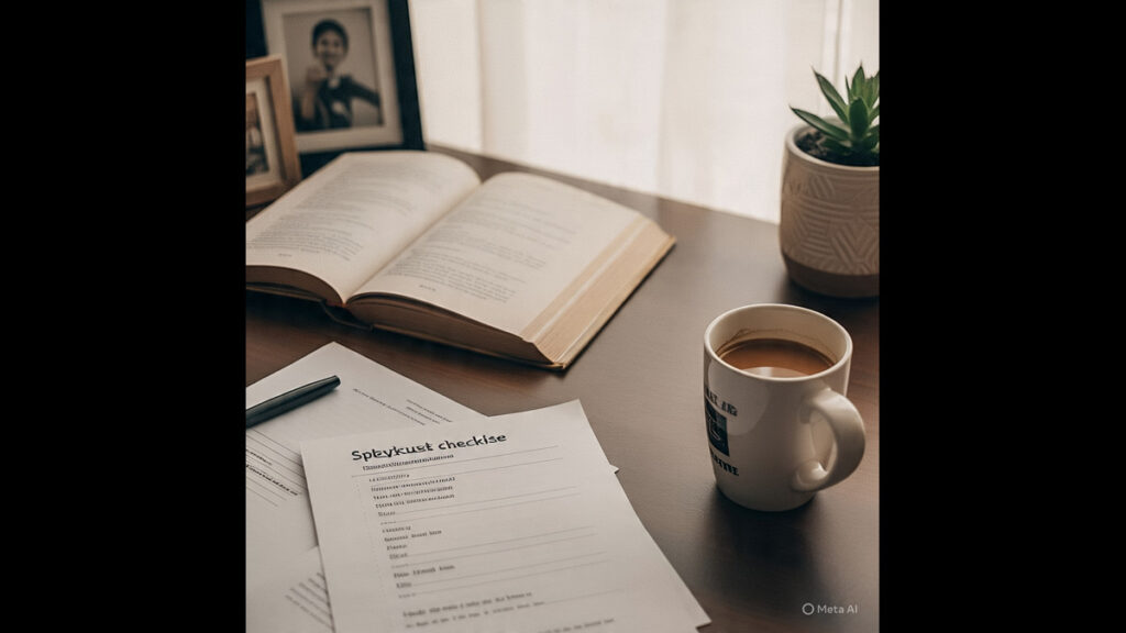 Peaceful Study Setup with Syllabus Checklist and Coffee A calm study desk with an open book, syllabus checklist, and a coffee mug beside.