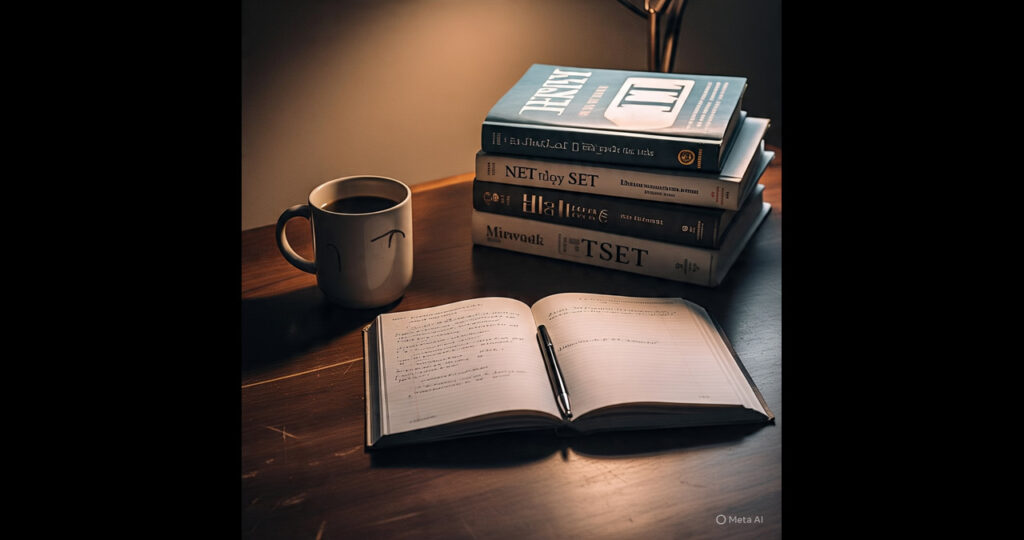 Organized Study Desk for UGC NET Preparation A neat study desk setup featuring UGC NET preparation books, an open notebook, and a coffee mug for focused study.