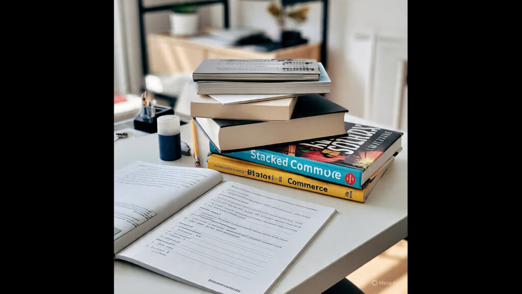 Master commerce concepts with MCQs and trusted study materials. 🖼️ Alt Text: Stacked commerce books with open pages showing multiple-choice questions.