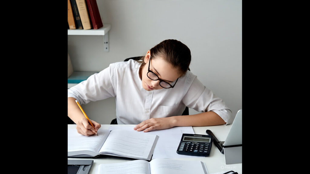 Student studying financial accounting with books and calculator