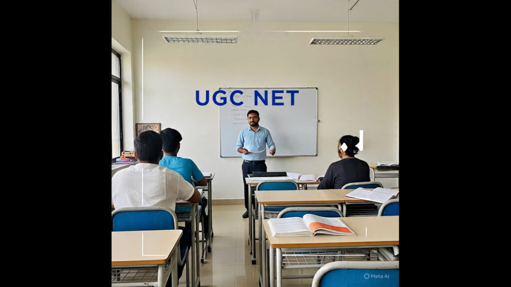 A classroom scene with a teacher writing "UGC NET Commerce" on the board and students attentively taking notes.