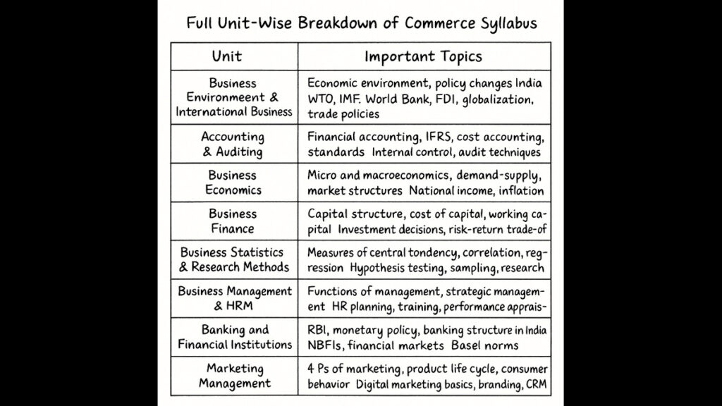 UGC NET Commerce Paper II Syllabus Chart – Units with Key Topics A two-column table showing all 10 units of Paper II Commerce with important subtopics.