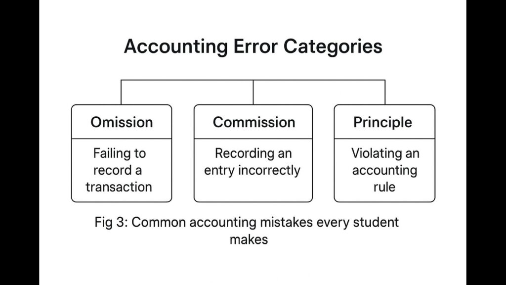 Accounting Error Categories "Illustration of omission, commission, principle and compensating errors"