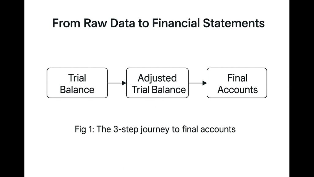 From Raw Data to Financial Statements t: "Simple flowchart showing trial balance to final accounts"