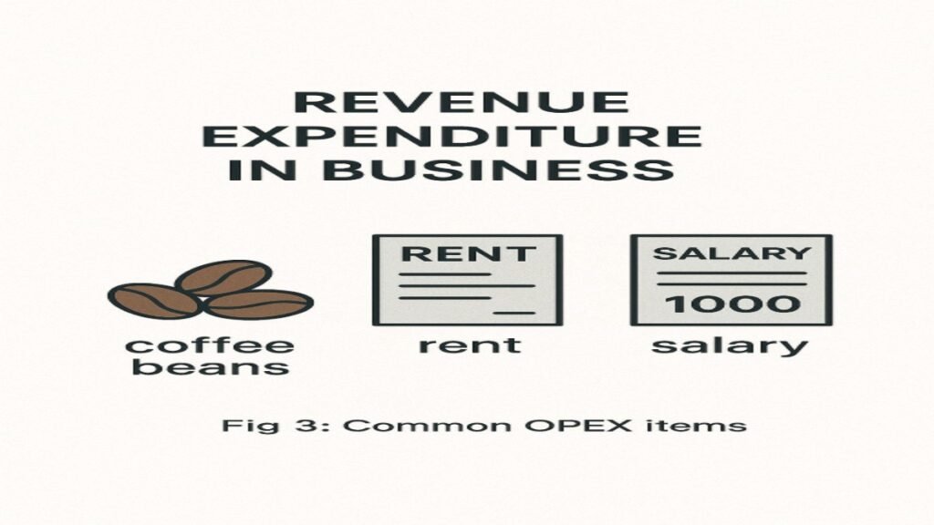 Revenue Expenditure in Business "Coffee beans, rent receipt, salary slip - daily costs"