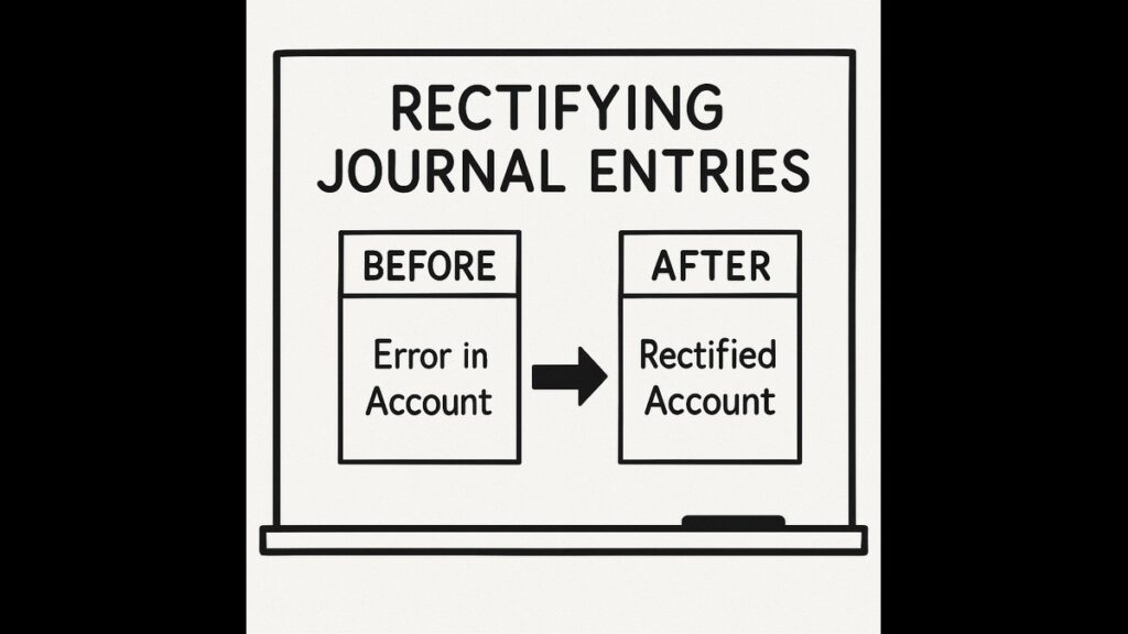 Rectifying Journal Entries "Whiteboard showing before/after rectification of accounting errors"