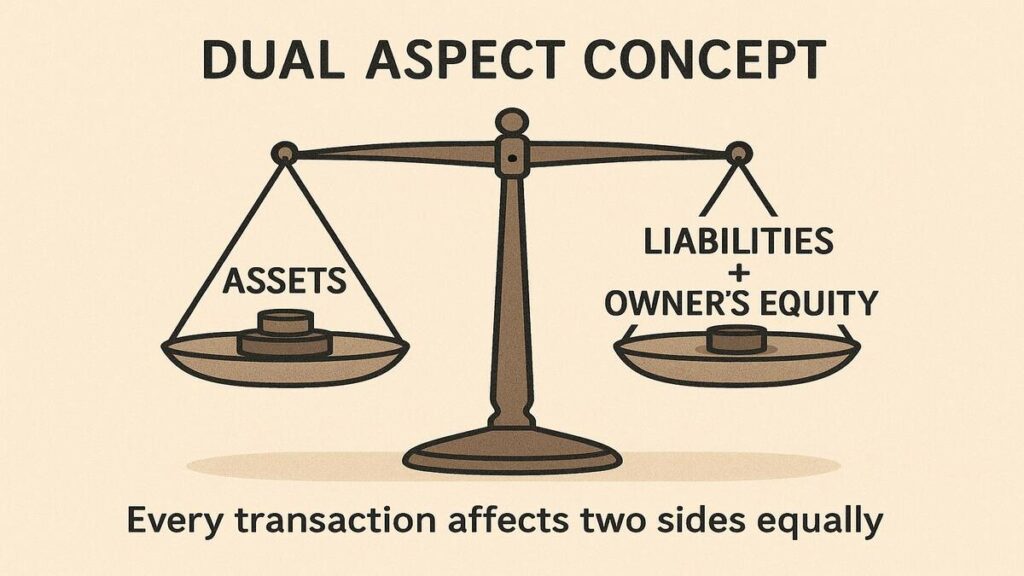 Dual Aspect Concept Balanced scale showing Assets on one side and Liabilities + Owner’s Equity on the other.