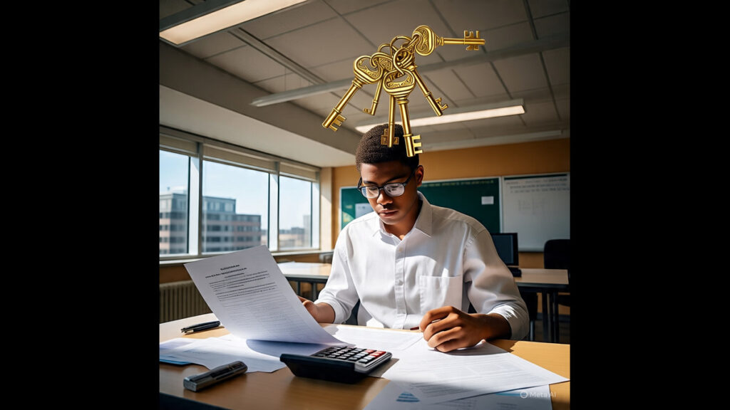  Student celebrating A+ grade with accounting icons around